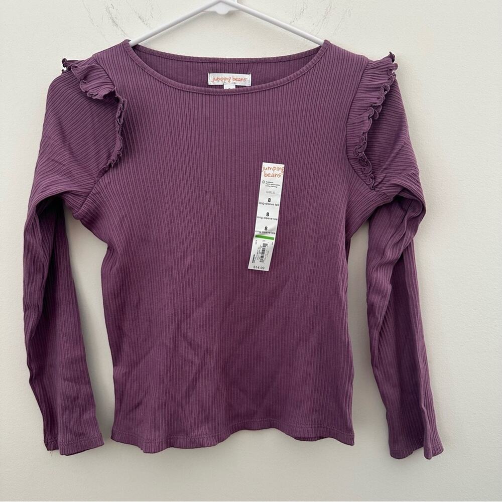 Jumping Beans Blouse Girls Size 8 Purple Crew Long Sleeve Ruffle Shoulder Causal